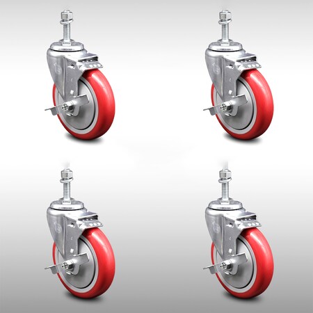 Service Caster 5 Inch SS Red Polyurethane Swivel 3/8 Inch Threaded Stem Caster Set Brake SCC SCC-SSTS20S514-PPUB-RED-TLB-381615-4